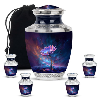 Calming Blue Daisy Cremation Urn lifestyle display on memorial shelf - artistic daisy interpretation with creative detail - memorial set with one large and four small urns