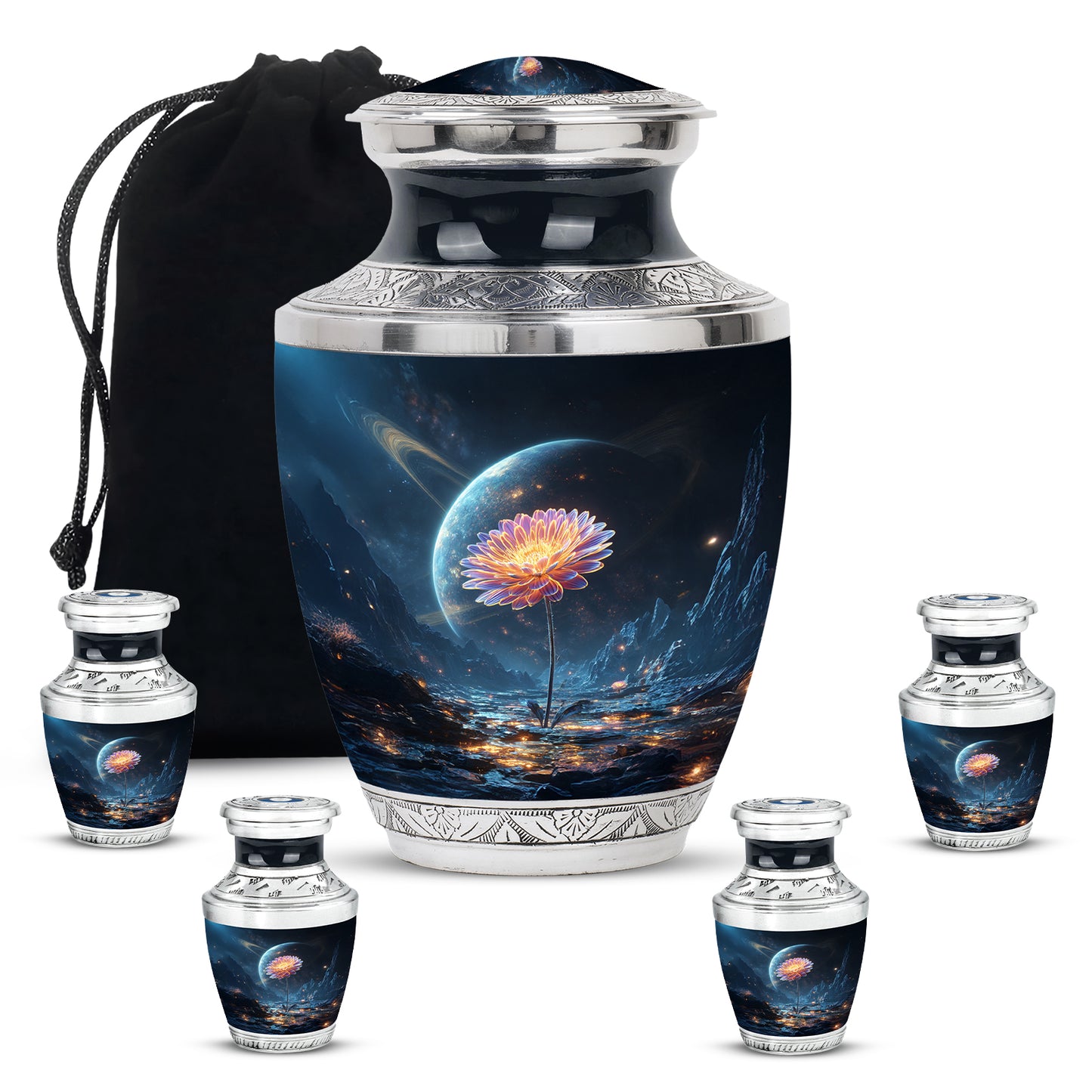 Vivid Blue Daisy Cremation Urn lifestyle display on memorial shelf - artistic daisy interpretation with creative detail - memorial set with one large and four small urns