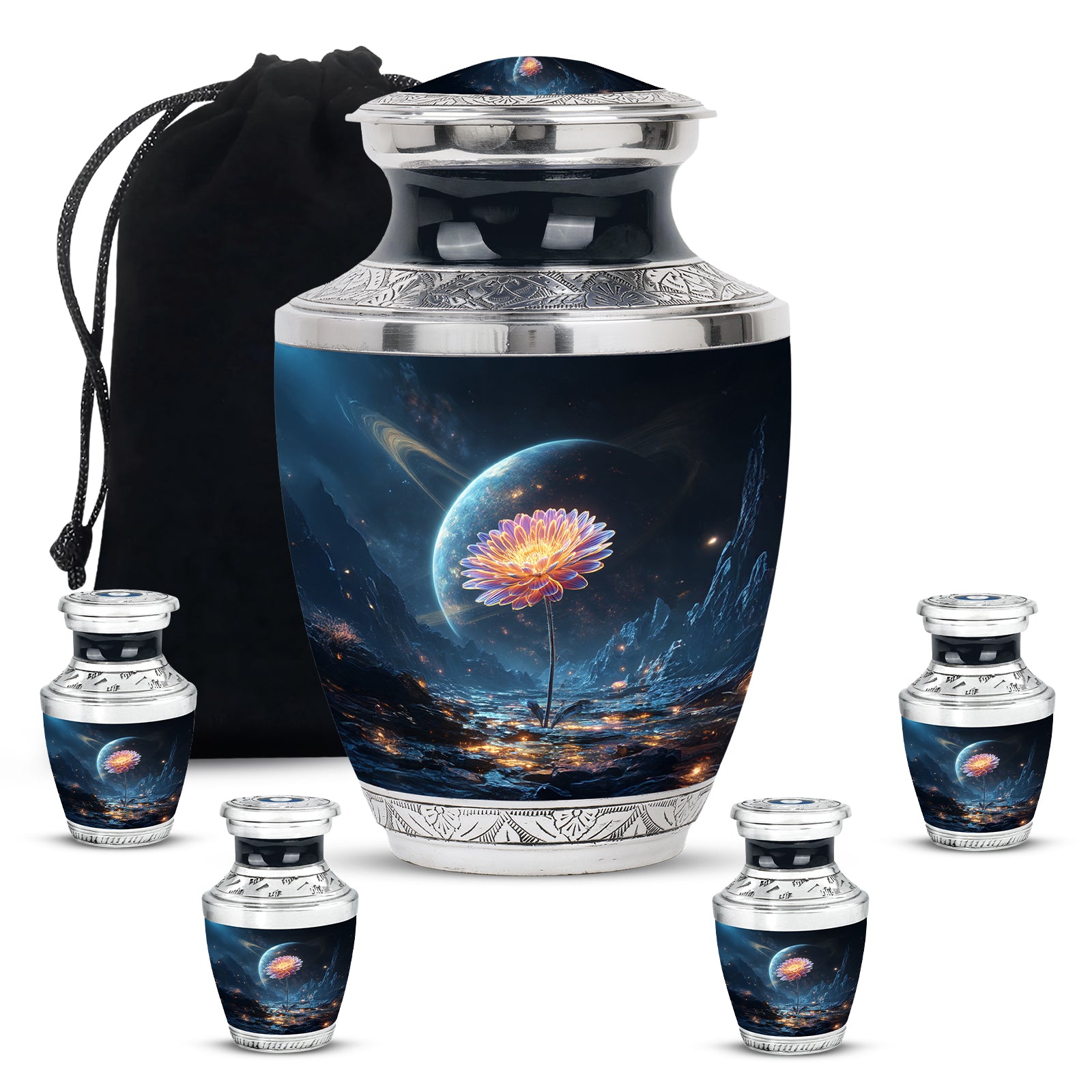 Vivid Blue Daisy Cremation Urn lifestyle display on memorial shelf - artistic daisy interpretation with creative detail - memorial set with one large and four small urns