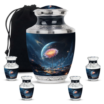 Vivid Blue Daisy Cremation Urn lifestyle display on memorial shelf - artistic daisy interpretation with creative detail - memorial set with one large and four small urns