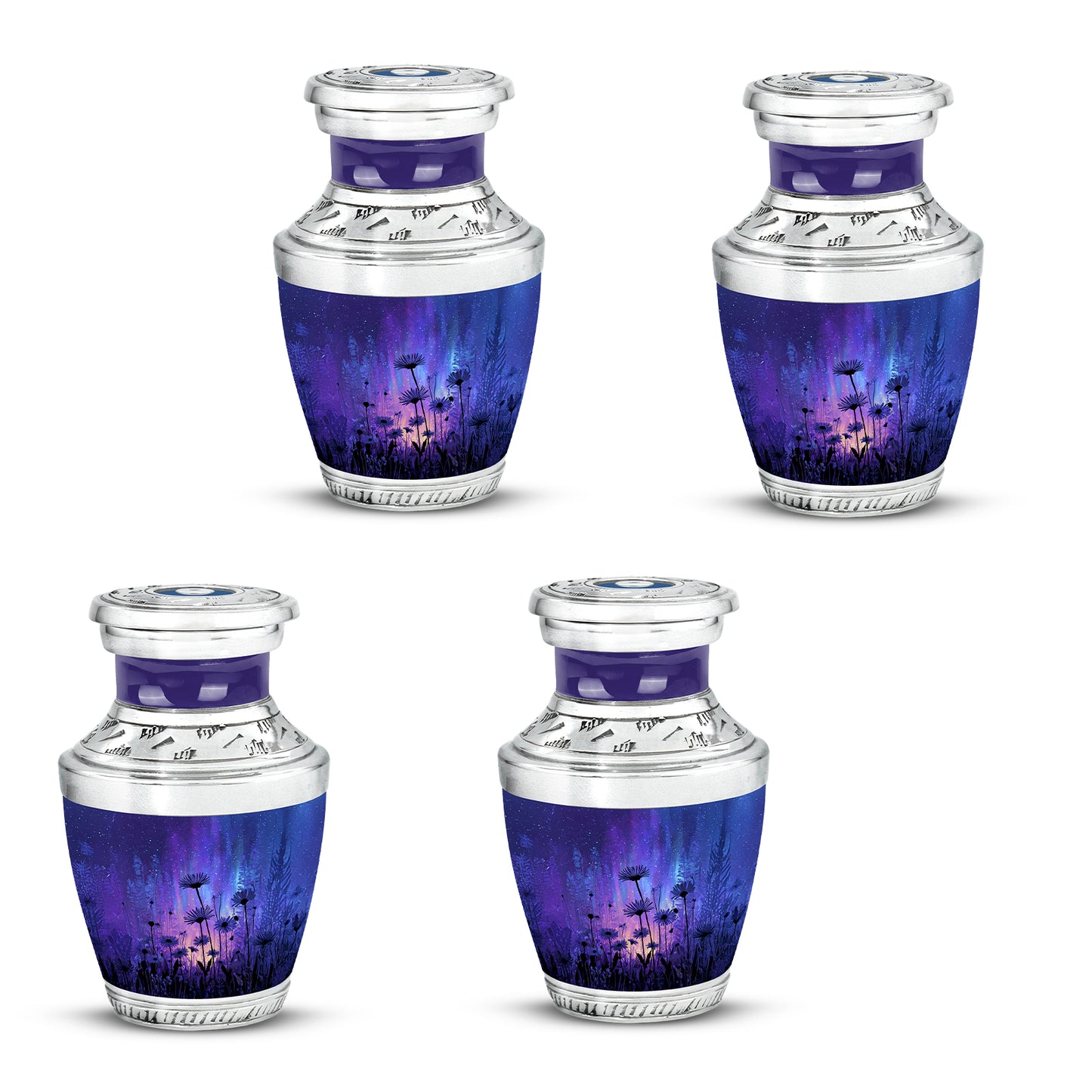 Celestial Blue Daisy Cremation Urn back view with polished surface - modern art-inspired daisy motif on sleek aluminum - 10 inch aluminum urn for cremated remains