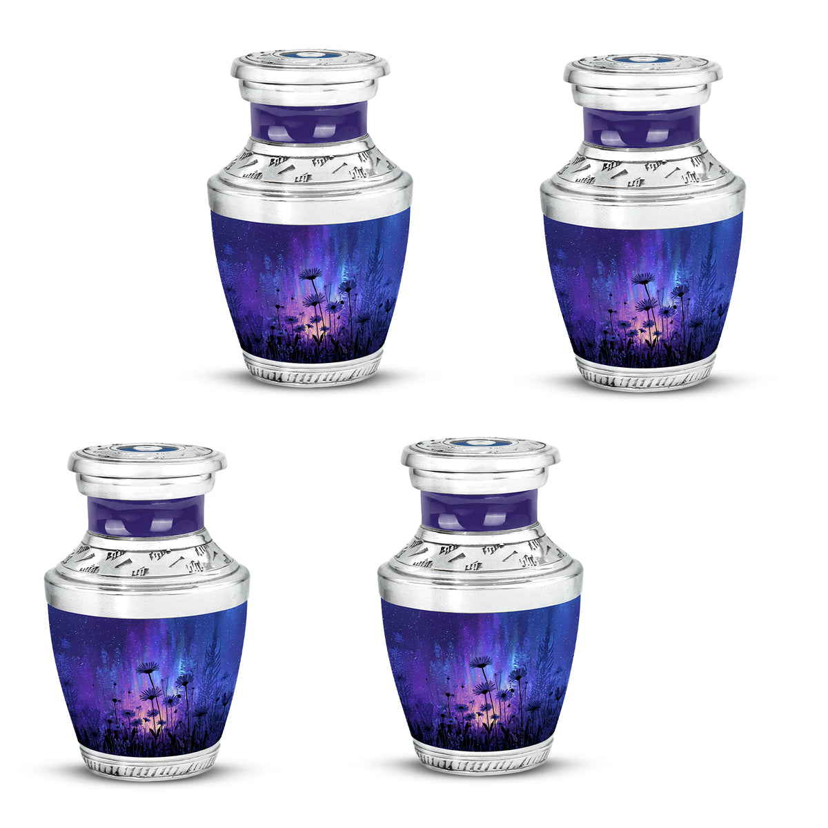 Celestial Blue Daisy Cremation Urn back view with polished surface - modern art-inspired daisy motif on sleek aluminum - 10 inch aluminum urn for cremated remains