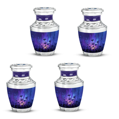 Celestial Blue Daisy Cremation Urn back view with polished surface - modern art-inspired daisy motif on sleek aluminum - 10 inch aluminum urn for cremated remains