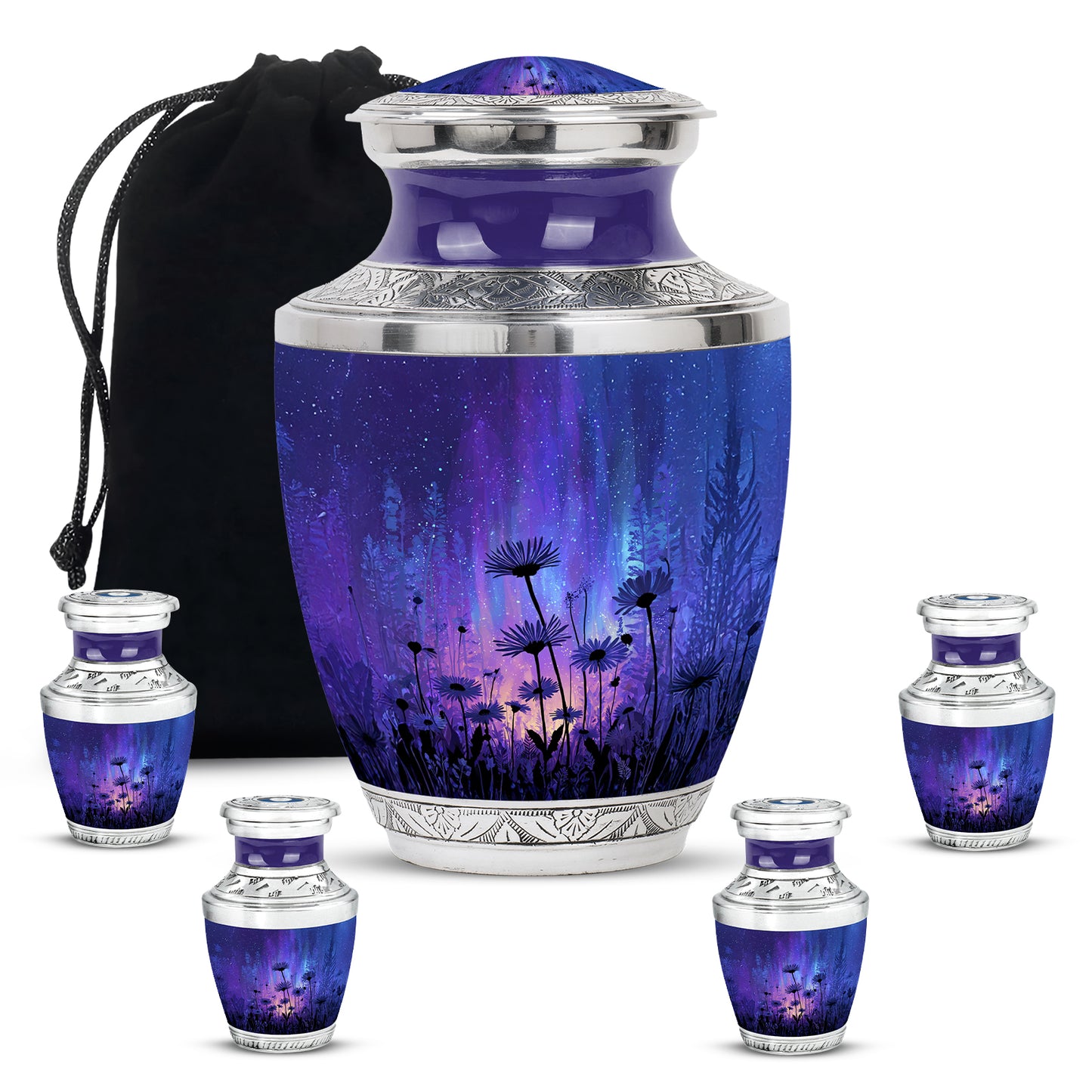 Azure Daisy Cremation Urn lifestyle display on memorial shelf - contemporary daisy design with modern artistic flair - memorial set with one large and four small urns