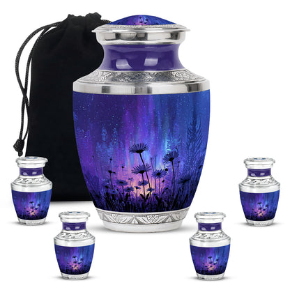 Azure Daisy Cremation Urn lifestyle display on memorial shelf - contemporary daisy design with modern artistic flair - memorial set with one large and four small urns
