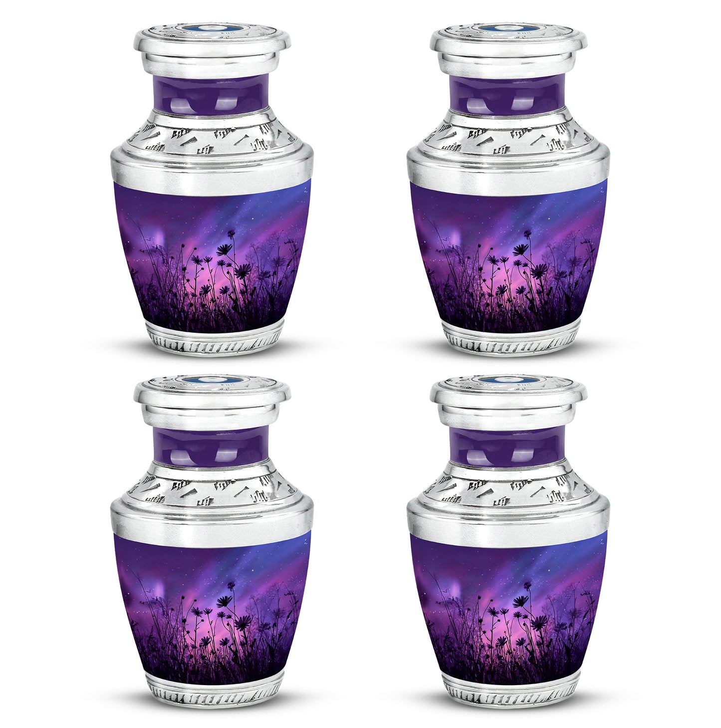Vivid Blue Daisy Cremation Urn back view with polished surface - stylized abstract daisy pattern with bold lines - 10 inch aluminum urn for cremated remains