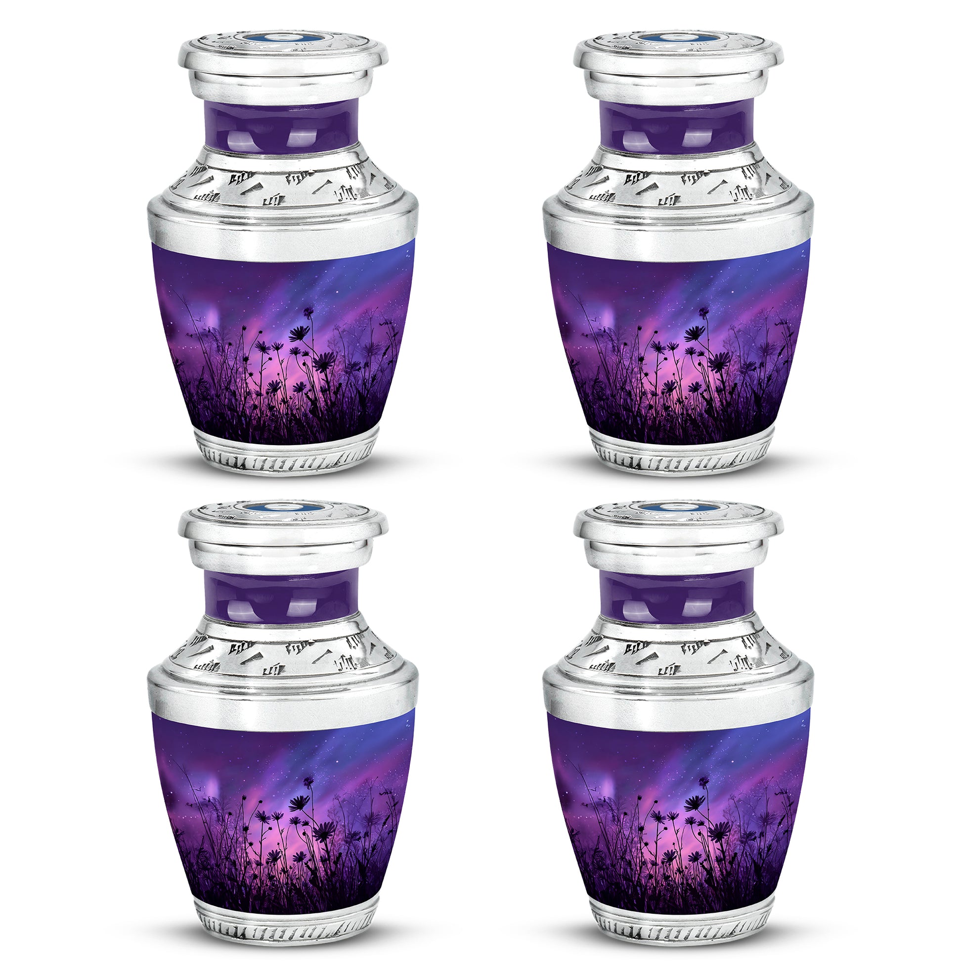 Vivid Blue Daisy Cremation Urn back view with polished surface - stylized abstract daisy pattern with bold lines - 10 inch aluminum urn for cremated remains