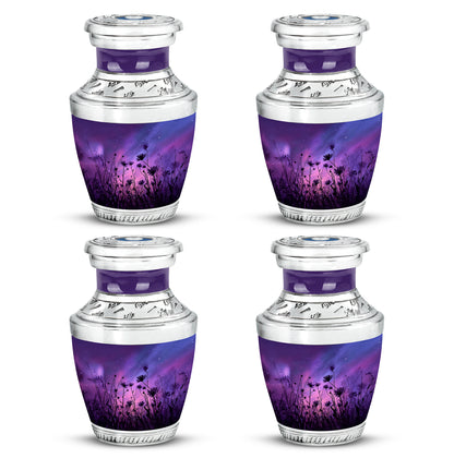 Vivid Blue Daisy Cremation Urn back view with polished surface - stylized abstract daisy pattern with bold lines - 10 inch aluminum urn for cremated remains