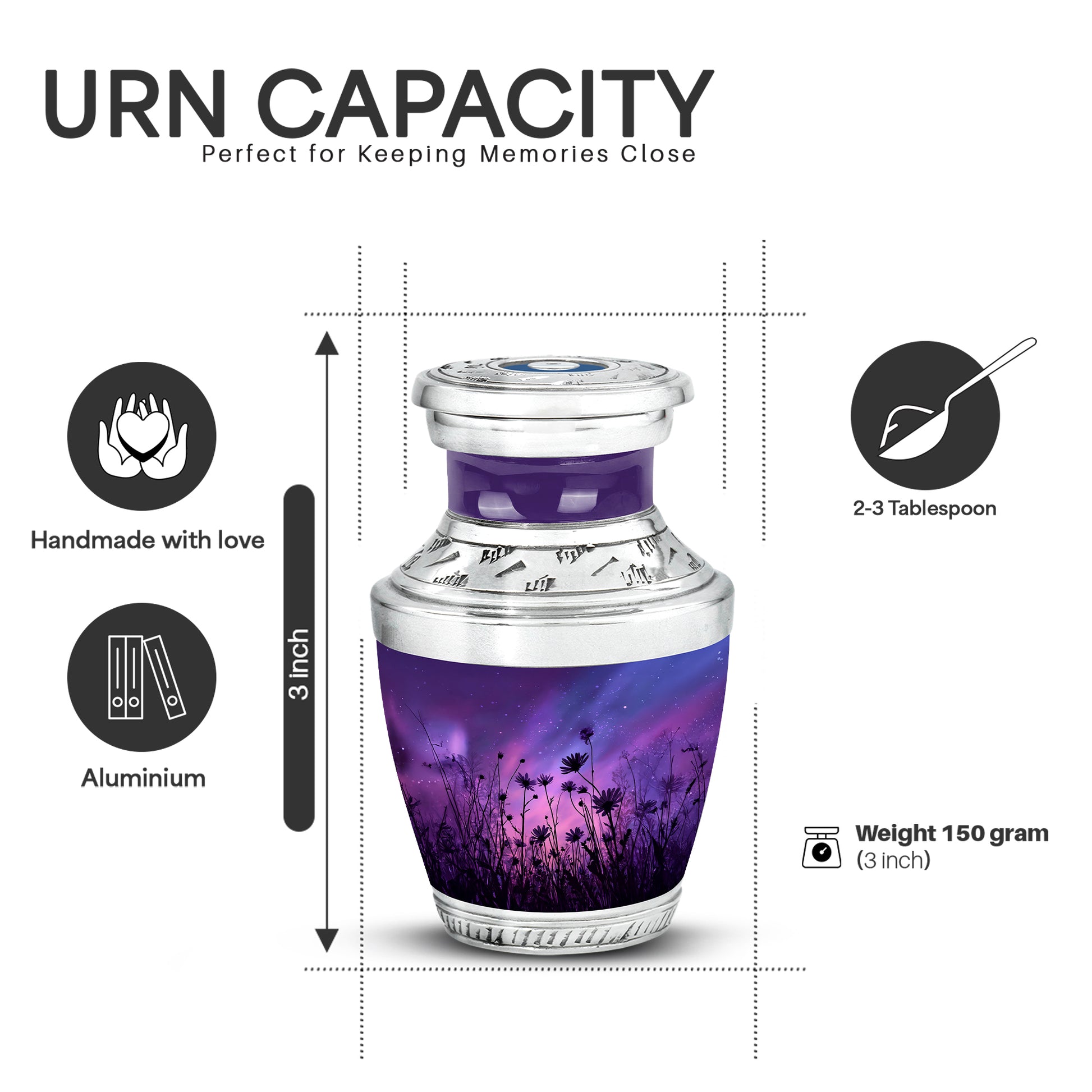 Dusty Blue Daisy Cremation Urn top-down view of secure threaded lid - contemporary daisy design with modern artistic flair - mini keepsake memorial for portion of cremation ashes
