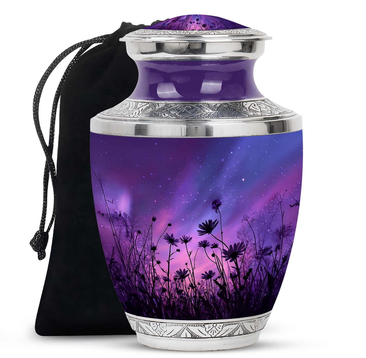 Slate Blue Daisy Cremation Urn side profile showing urn shape - contemporary daisy design with modern artistic flair - full-size 10 inch 200 cubic inch adult cremation urn