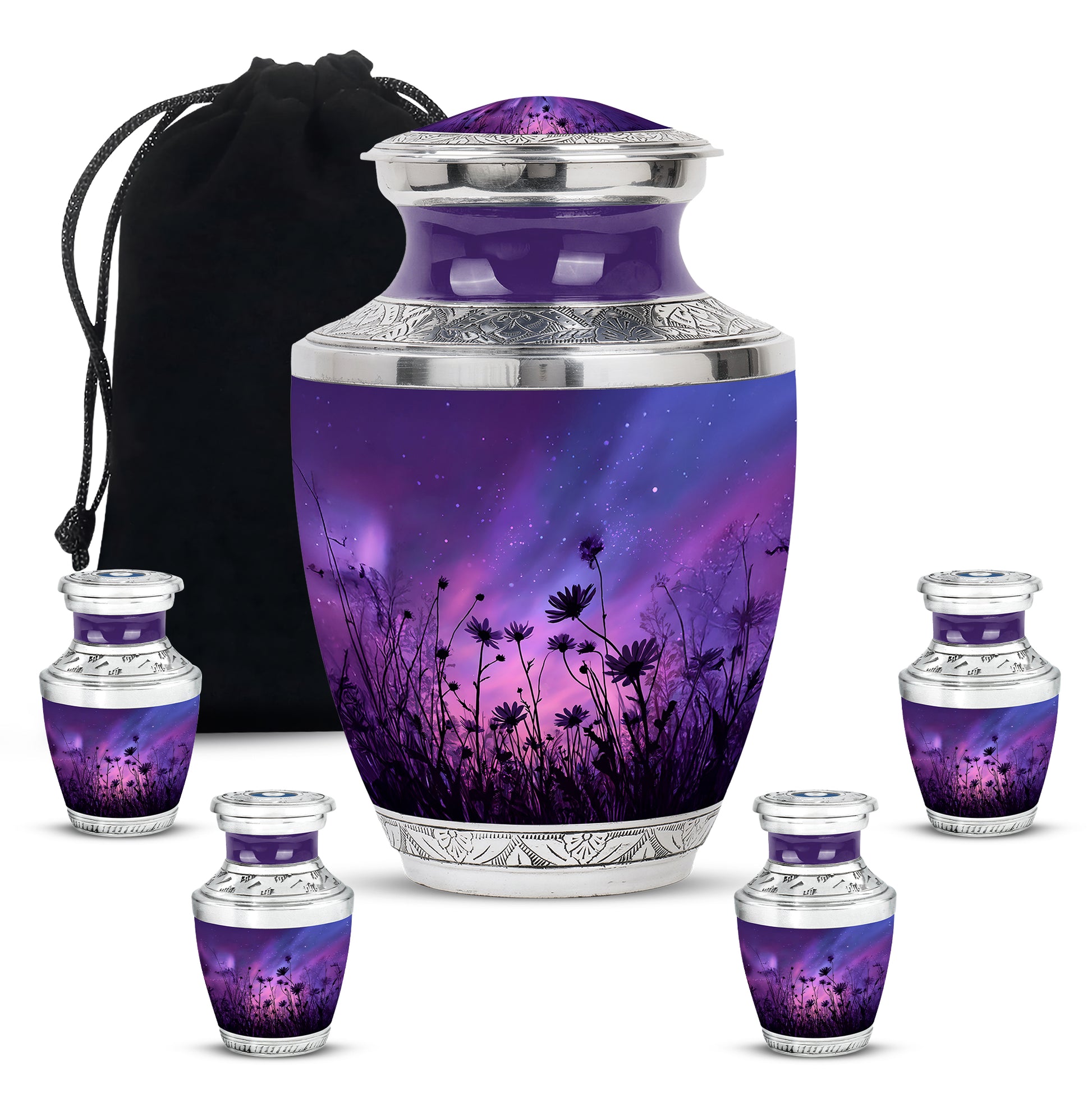 Twilight Blue Daisy Cremation Urn lifestyle display on memorial shelf - stylized abstract daisy pattern with bold lines - memorial set with one large and four small urns