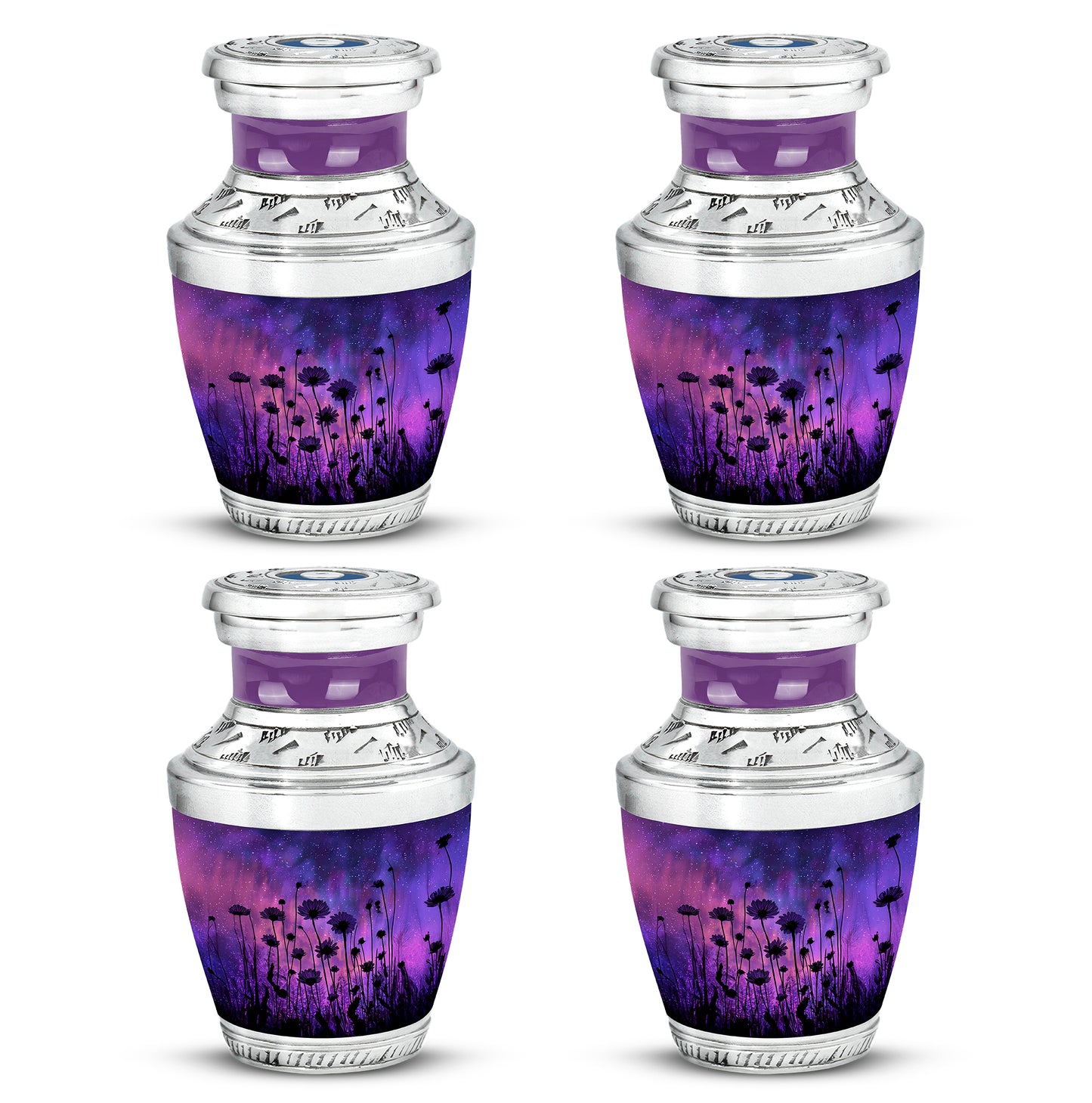 Soft Blue Daisy Cremation Urn back view with polished surface - stylized abstract daisy pattern with bold lines - 10 inch aluminum urn for cremated remains