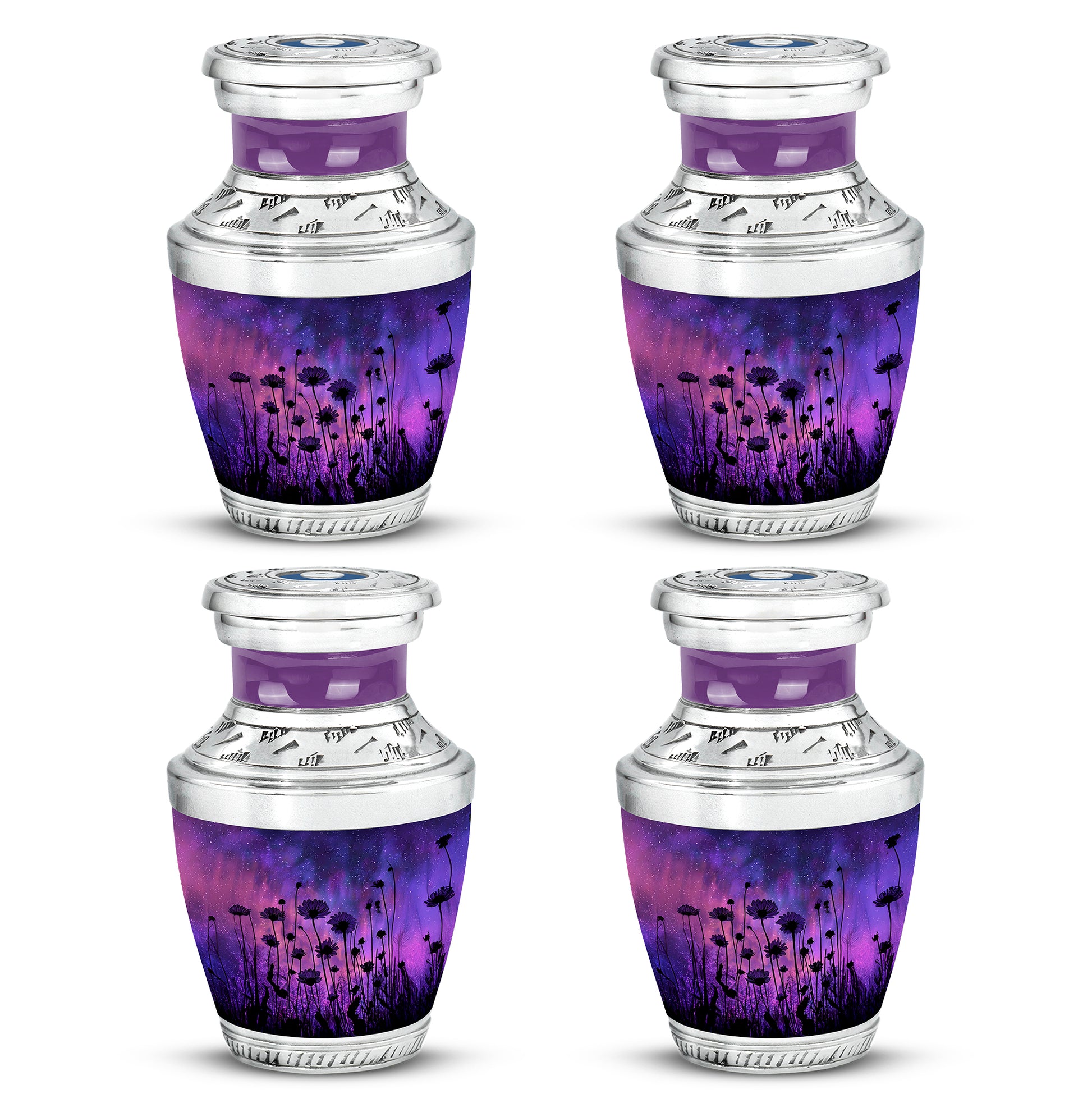 Soft Blue Daisy Cremation Urn back view with polished surface - stylized abstract daisy pattern with bold lines - 10 inch aluminum urn for cremated remains