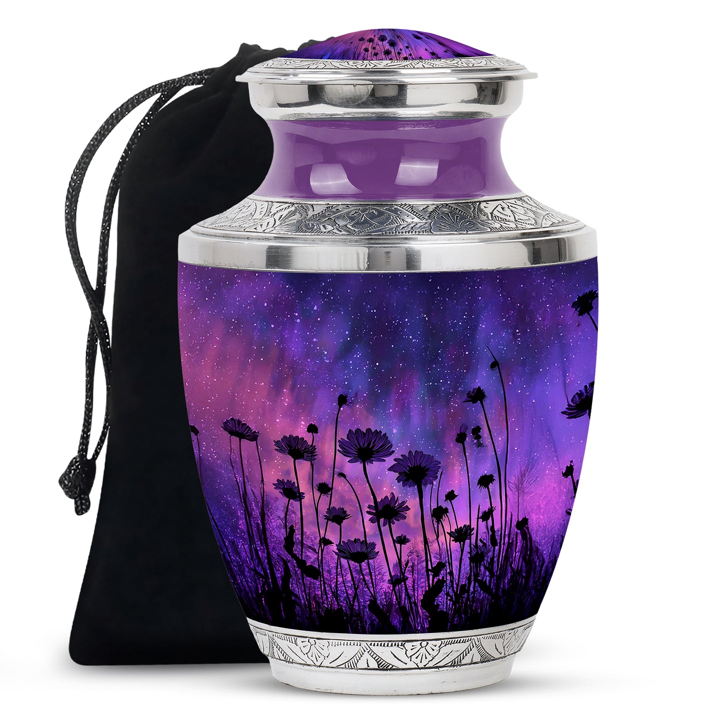 Soft Blue Daisy Cremation Urn side profile showing urn shape - stylized abstract daisy pattern with bold lines - full-size 10 inch 200 cubic inch adult cremation urn