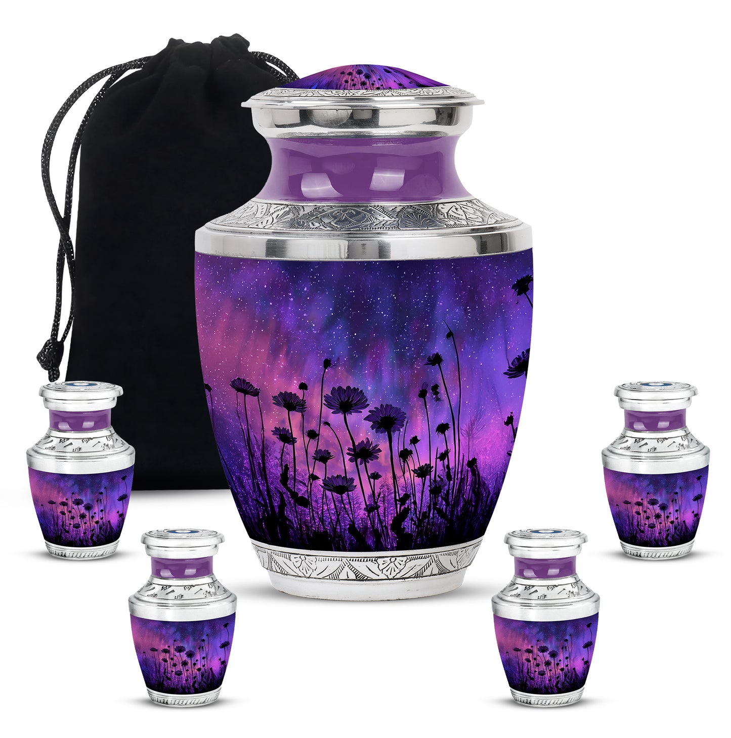 Royal Blue Daisy Cremation Urn lifestyle display on memorial shelf - artistic daisy interpretation with creative detail - memorial set with one large and four small urns