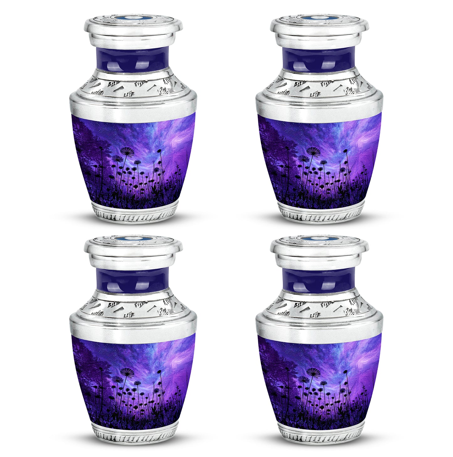 Celestial Blue Daisy Cremation Urn back view with polished surface - contemporary daisy design with modern artistic flair - 10 inch aluminum urn for cremated remains