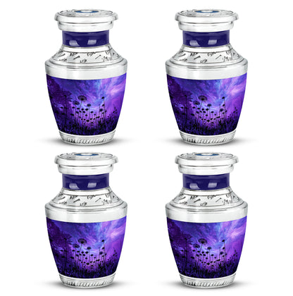 Celestial Blue Daisy Cremation Urn back view with polished surface - contemporary daisy design with modern artistic flair - 10 inch aluminum urn for cremated remains
