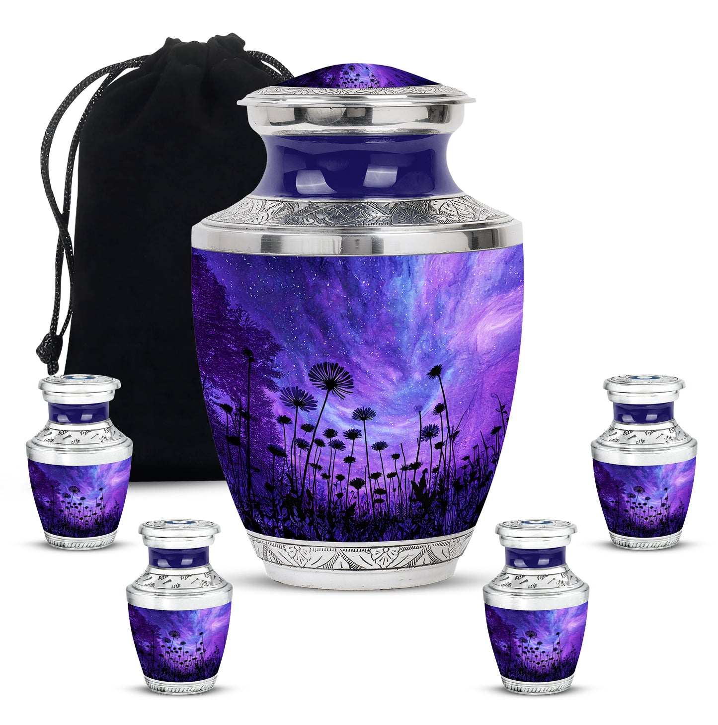 Slate Blue Daisy Cremation Urn lifestyle display on memorial shelf - contemporary daisy design with modern artistic flair - memorial set with one large and four small urns