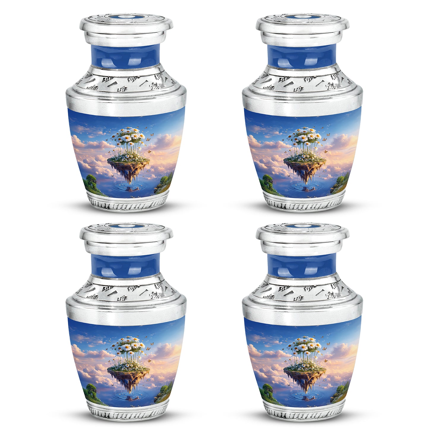 Sapphire Blue Daisy Cremation Urn back view with polished surface - artistic daisy interpretation with creative detail - 10 inch aluminum urn for cremated remains
