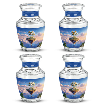 Sapphire Blue Daisy Cremation Urn back view with polished surface - artistic daisy interpretation with creative detail - 10 inch aluminum urn for cremated remains