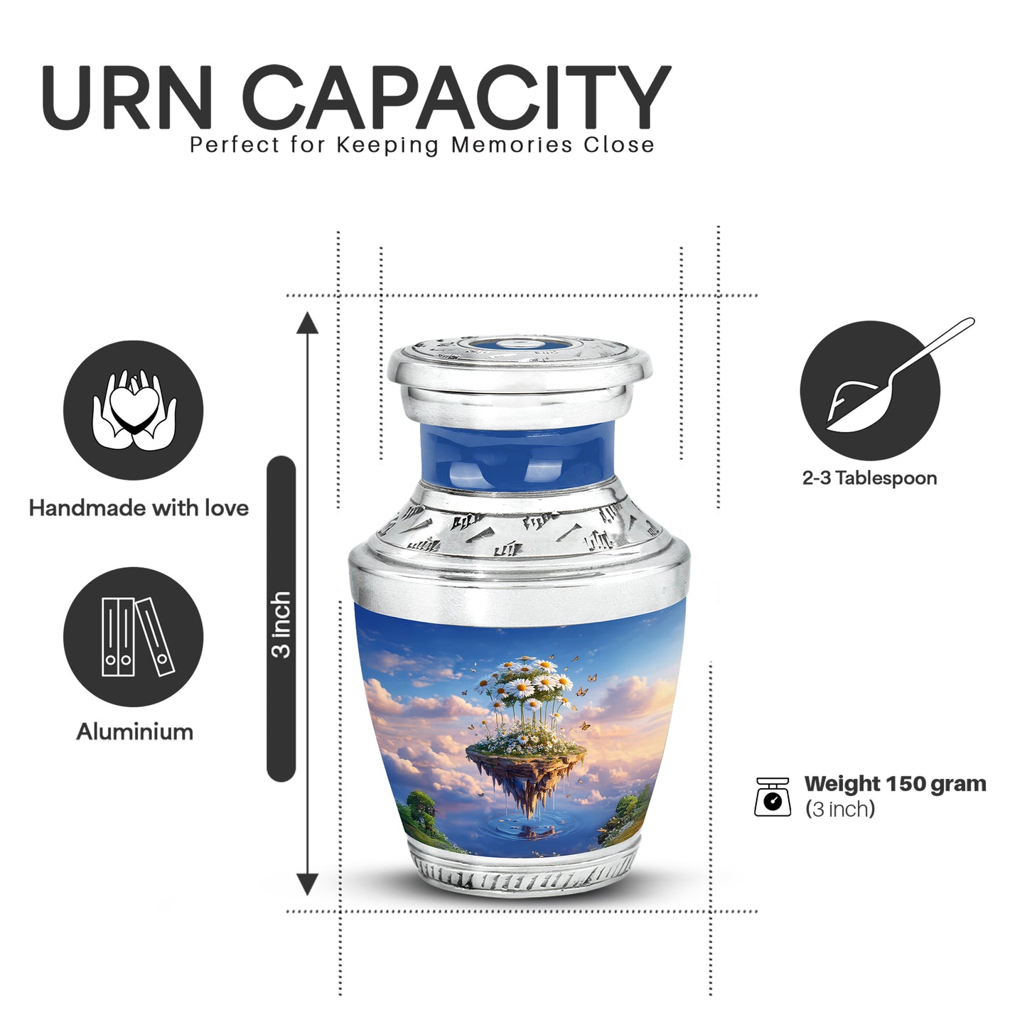 Vivid Blue Daisy Cremation Urn top-down view of secure threaded lid - stylized abstract daisy pattern with bold lines - mini keepsake memorial for portion of cremation ashes