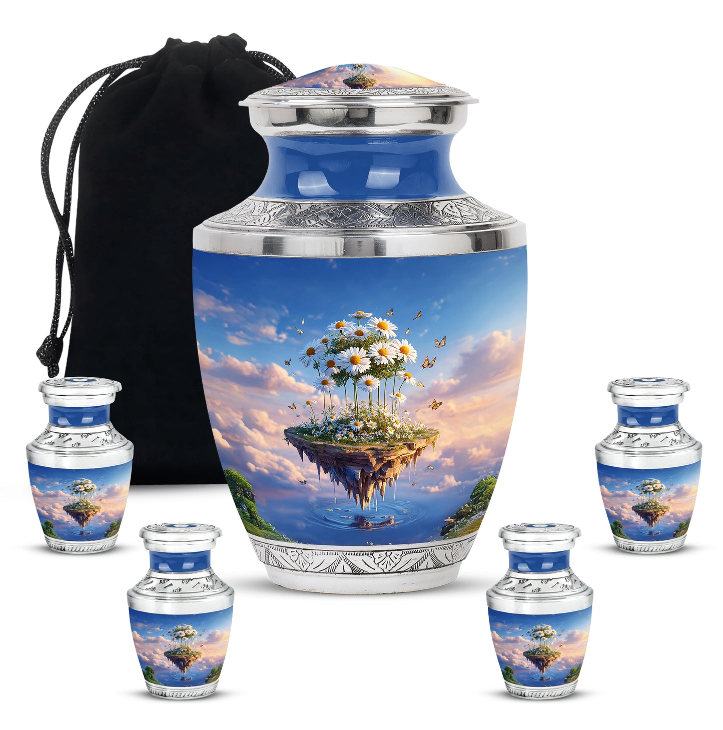 Navy Blue Daisy Cremation Urn lifestyle display on memorial shelf - contemporary daisy design with modern artistic flair - memorial set with one large and four small urns