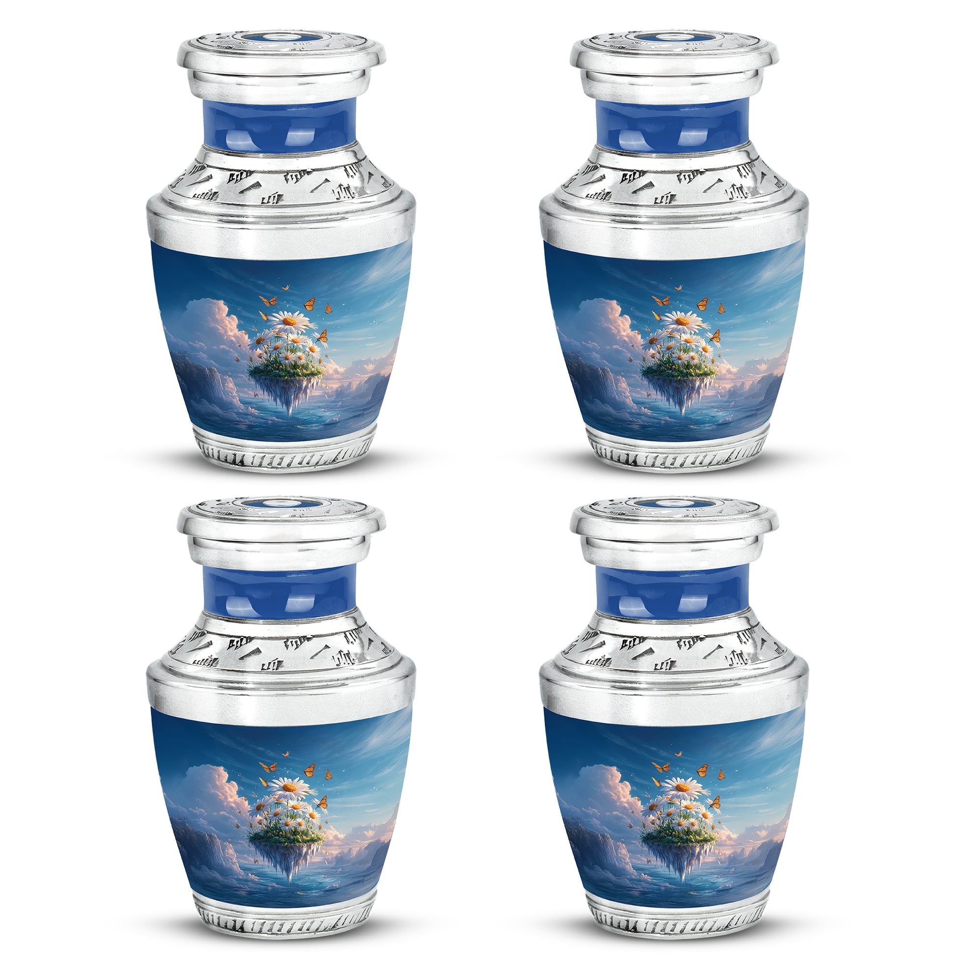 Powder Blue Daisy Cremation Urn back view with polished surface - modern art-inspired daisy motif on sleek aluminum - 10 inch aluminum urn for cremated remains
