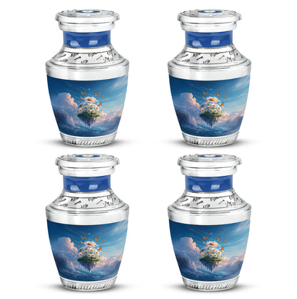 Powder Blue Daisy Cremation Urn back view with polished surface - modern art-inspired daisy motif on sleek aluminum - 10 inch aluminum urn for cremated remains