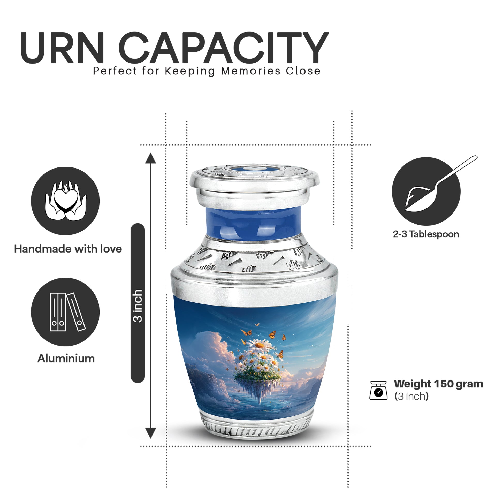 Soft Blue Daisy Cremation Urn top-down view of secure threaded lid - artistic daisy interpretation with creative detail - mini keepsake memorial for portion of cremation ashes