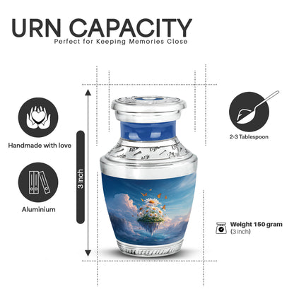 Soft Blue Daisy Cremation Urn top-down view of secure threaded lid - artistic daisy interpretation with creative detail - mini keepsake memorial for portion of cremation ashes