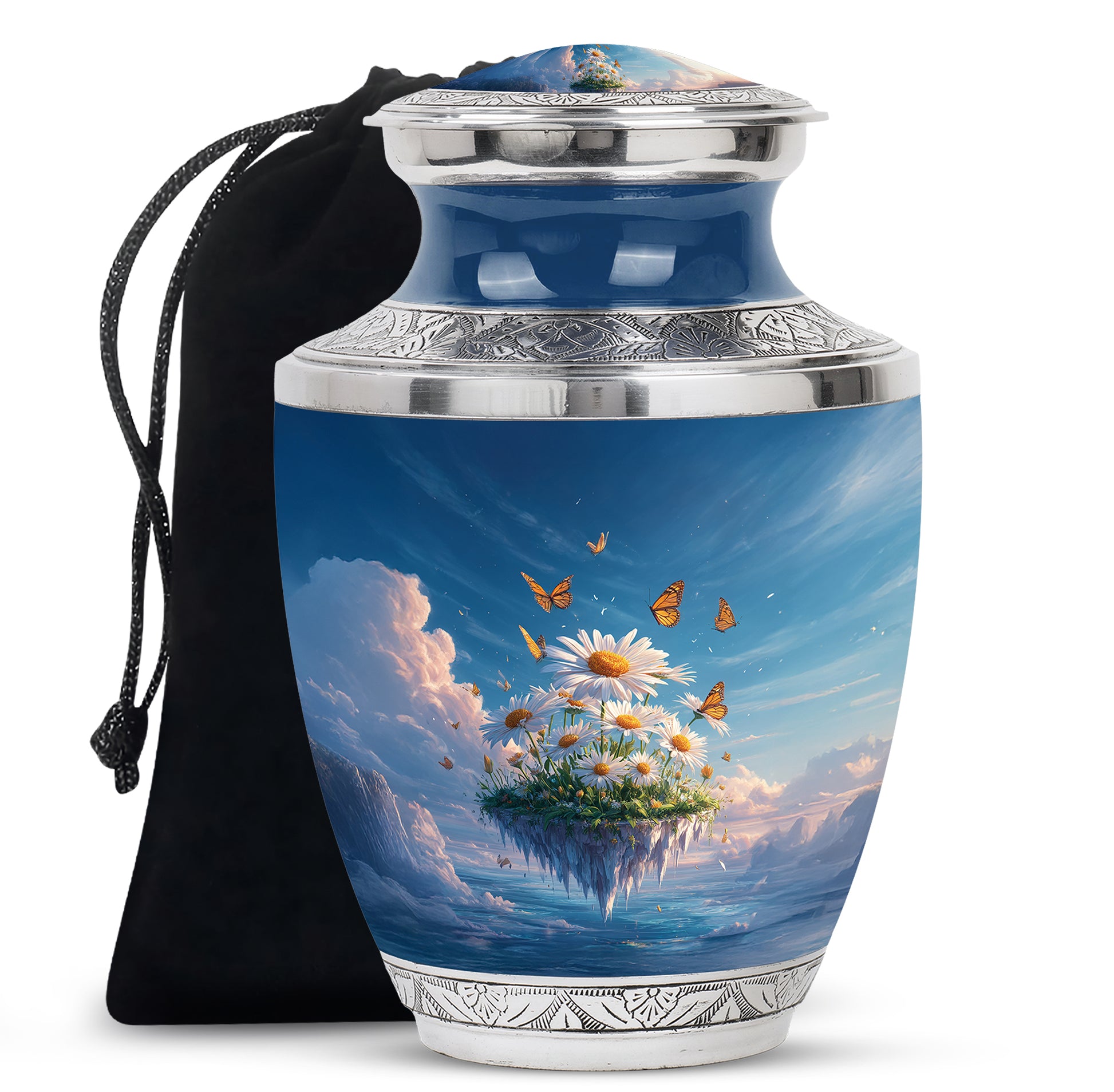 Bright Blue Daisy Cremation Urn side profile showing urn shape - stylized abstract daisy pattern with bold lines - full-size 10 inch 200 cubic inch adult cremation urn