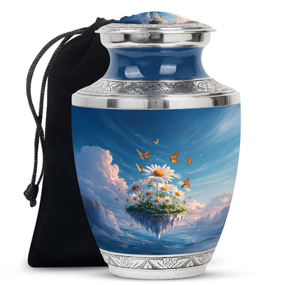 Bright Blue Daisy Cremation Urn side profile showing urn shape - stylized abstract daisy pattern with bold lines - full-size 10 inch 200 cubic inch adult cremation urn