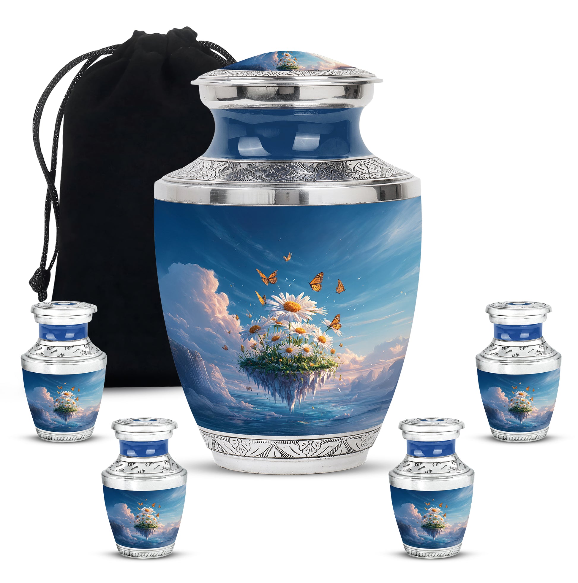 Slate Blue Daisy Cremation Urn lifestyle display on memorial shelf - modern art-inspired daisy motif on sleek aluminum - memorial set with one large and four small urns