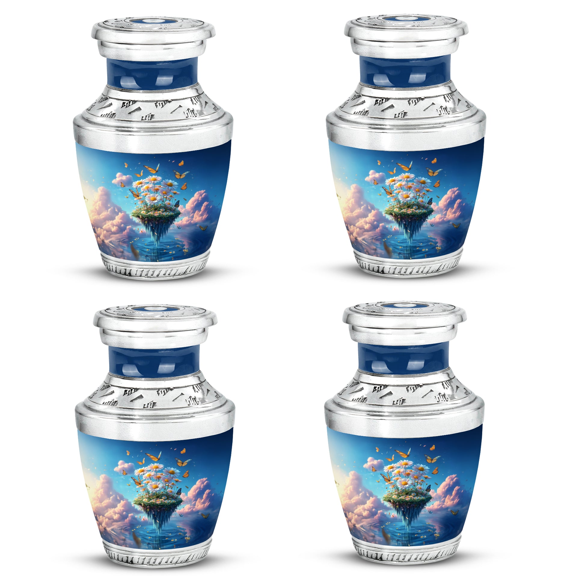 Slate Blue Daisy Cremation Urn back view with polished surface - contemporary daisy design with modern artistic flair - 10 inch aluminum urn for cremated remains