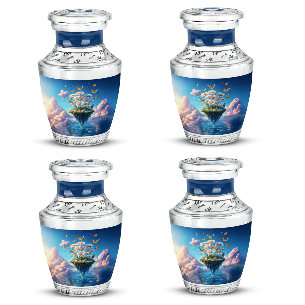 Slate Blue Daisy Cremation Urn back view with polished surface - contemporary daisy design with modern artistic flair - 10 inch aluminum urn for cremated remains