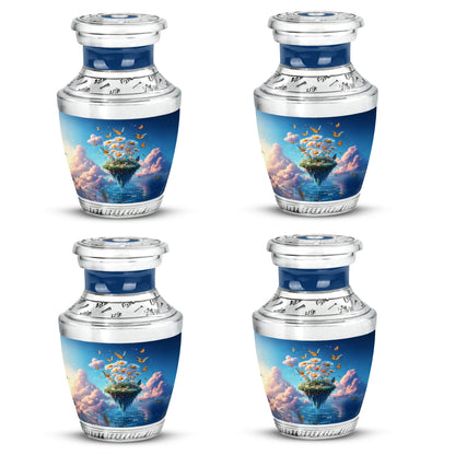Slate Blue Daisy Cremation Urn back view with polished surface - contemporary daisy design with modern artistic flair - 10 inch aluminum urn for cremated remains