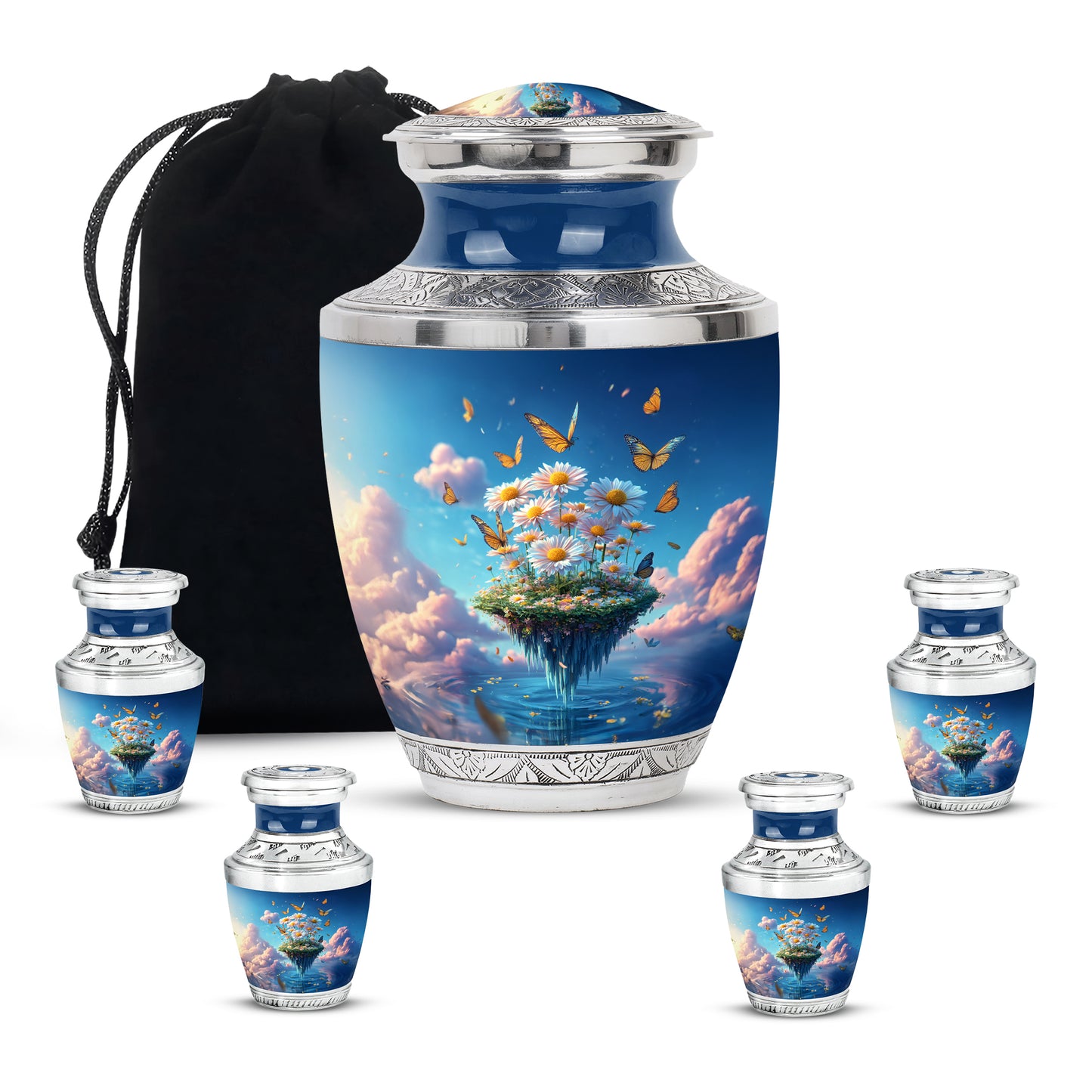 Sapphire Blue Daisy Cremation Urn lifestyle display on memorial shelf - artistic daisy interpretation with creative detail - memorial set with one large and four small urns