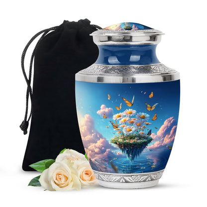 Royal Blue Daisy Cremation Urn side profile showing urn shape - artistic daisy interpretation with creative detail - full-size 10 inch 200 cubic inch adult cremation urn