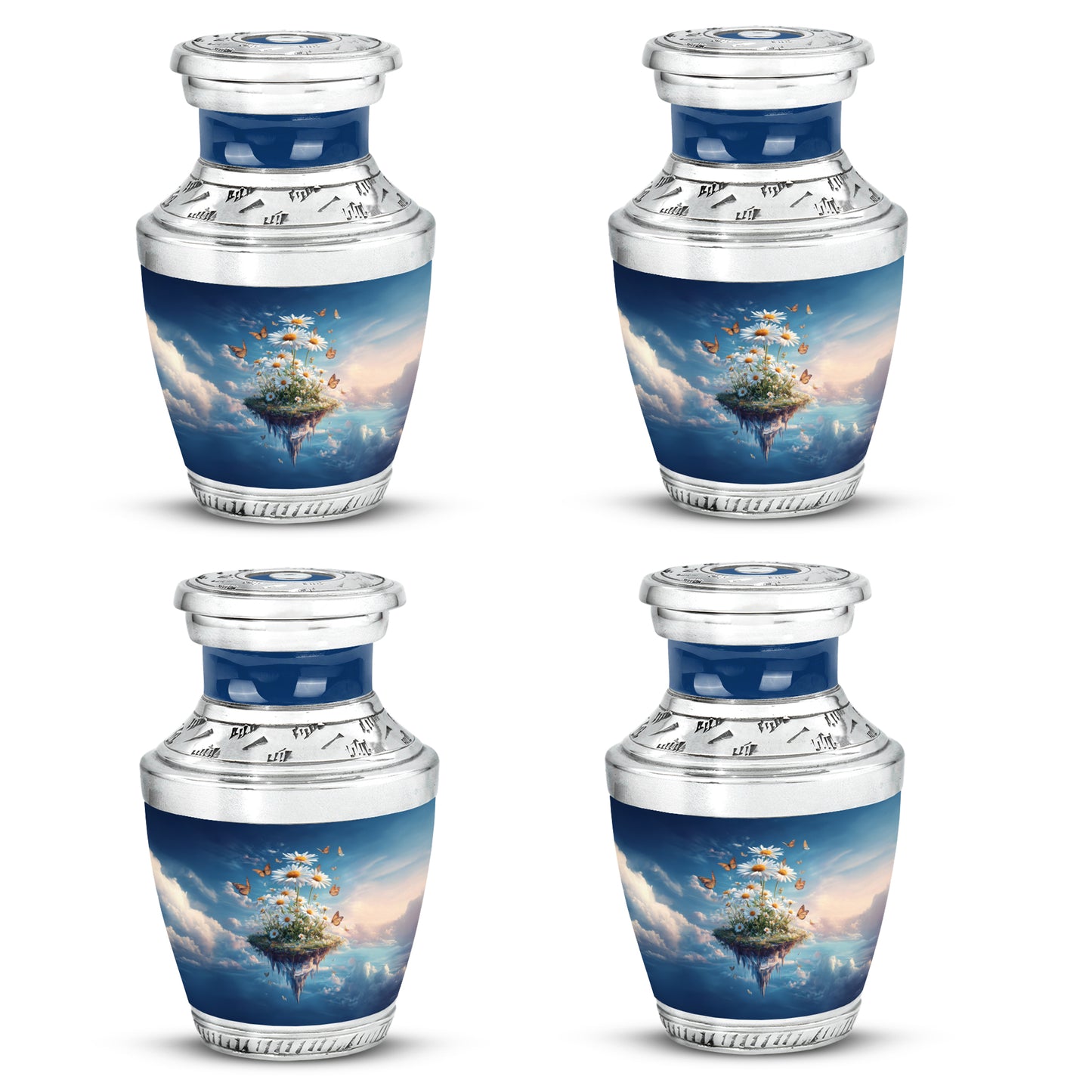 Indigo Daisy Cremation Urn back view with polished surface - contemporary daisy design with modern artistic flair - 10 inch aluminum urn for cremated remains