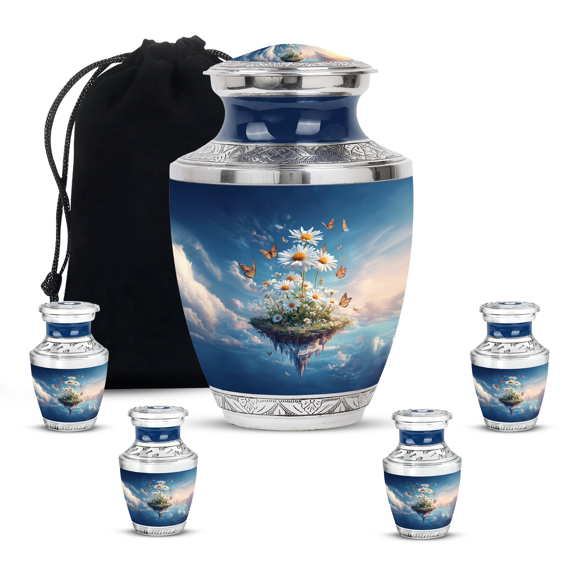 Sapphire Blue Daisy Cremation Urn lifestyle display on memorial shelf - artistic daisy interpretation with creative detail - memorial set with one large and four small urns