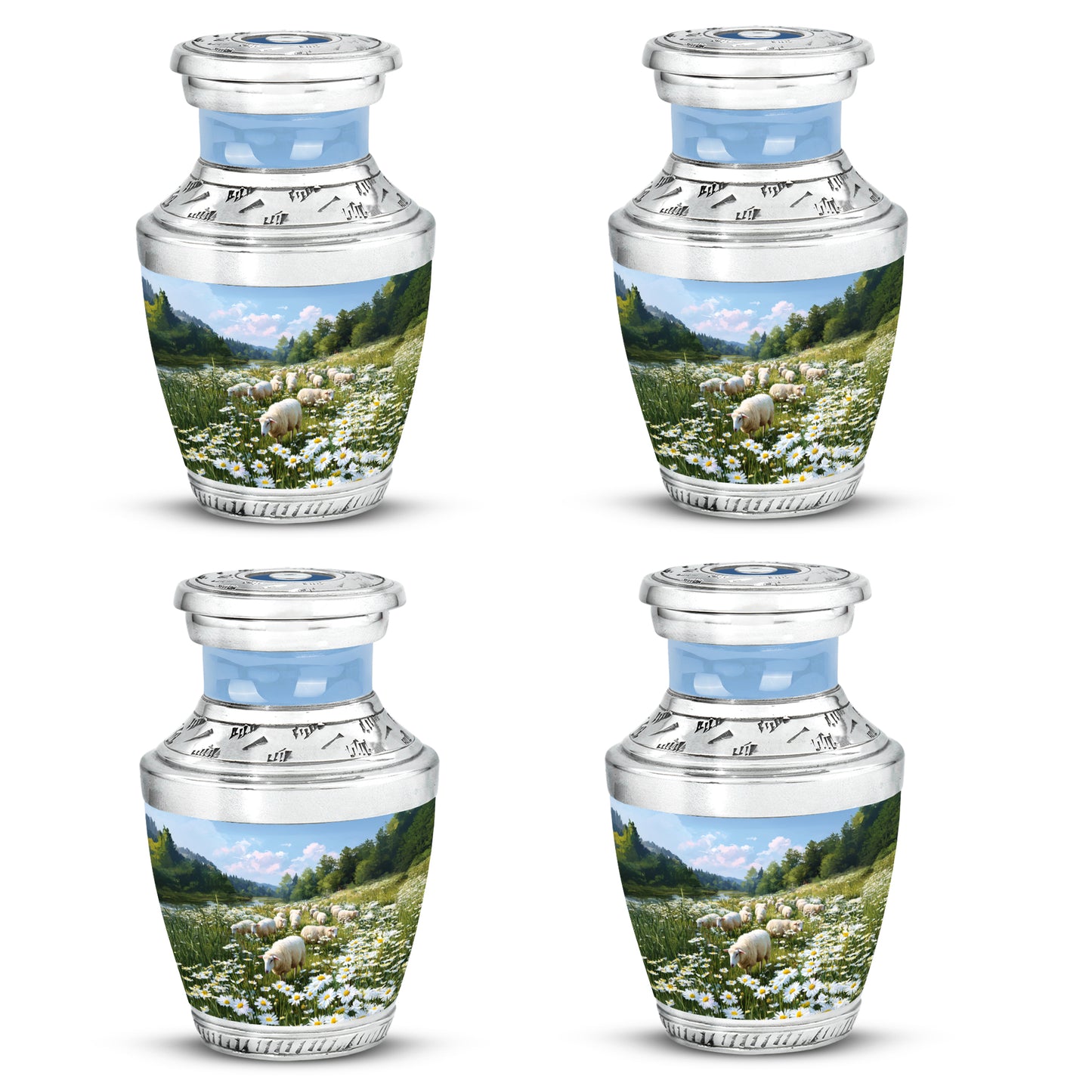 Steel Blue Daisy Cremation Urn back view with polished surface - stylized abstract daisy pattern with bold lines - 10 inch aluminum urn for cremated remains