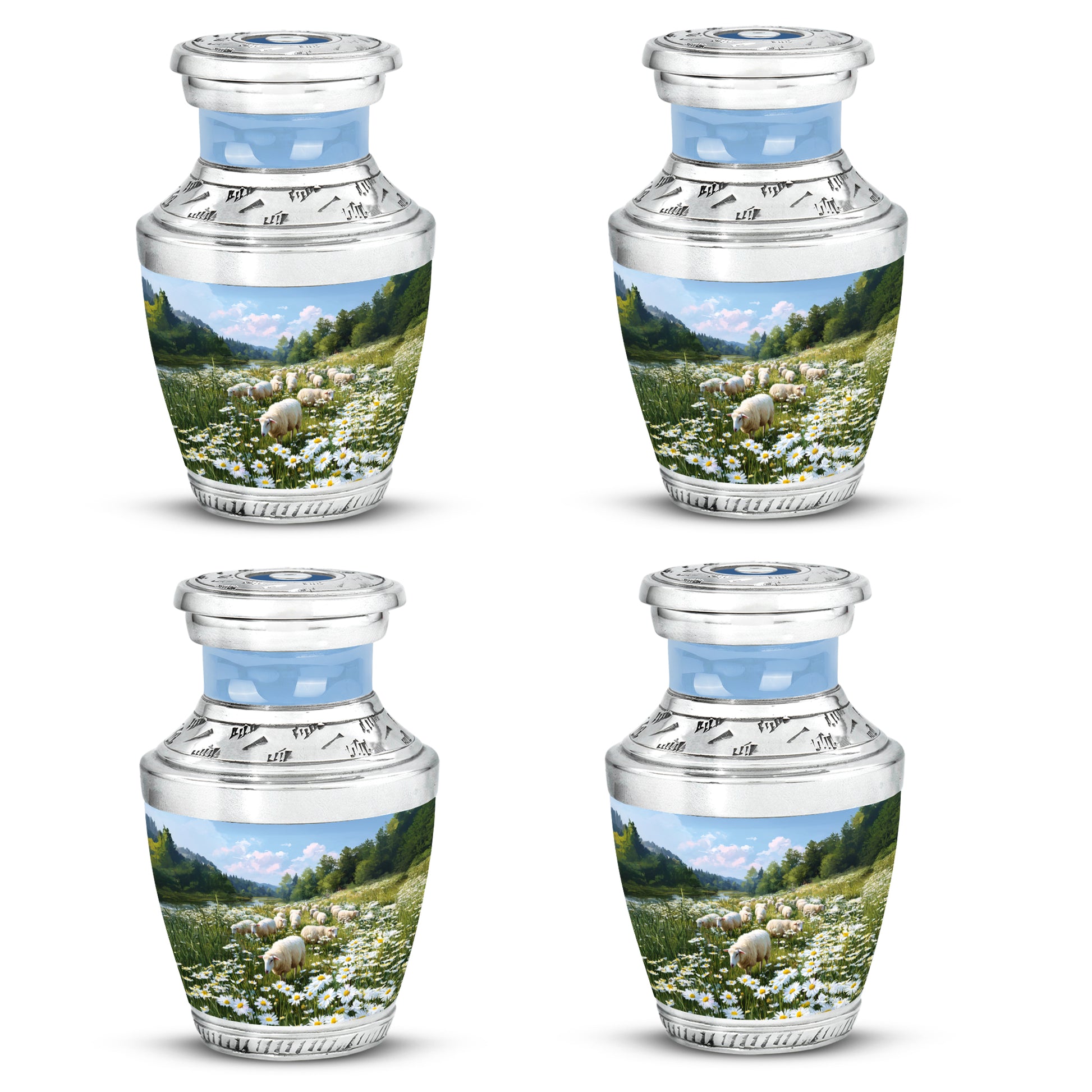 Steel Blue Daisy Cremation Urn back view with polished surface - stylized abstract daisy pattern with bold lines - 10 inch aluminum urn for cremated remains