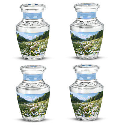 Steel Blue Daisy Cremation Urn back view with polished surface - stylized abstract daisy pattern with bold lines - 10 inch aluminum urn for cremated remains