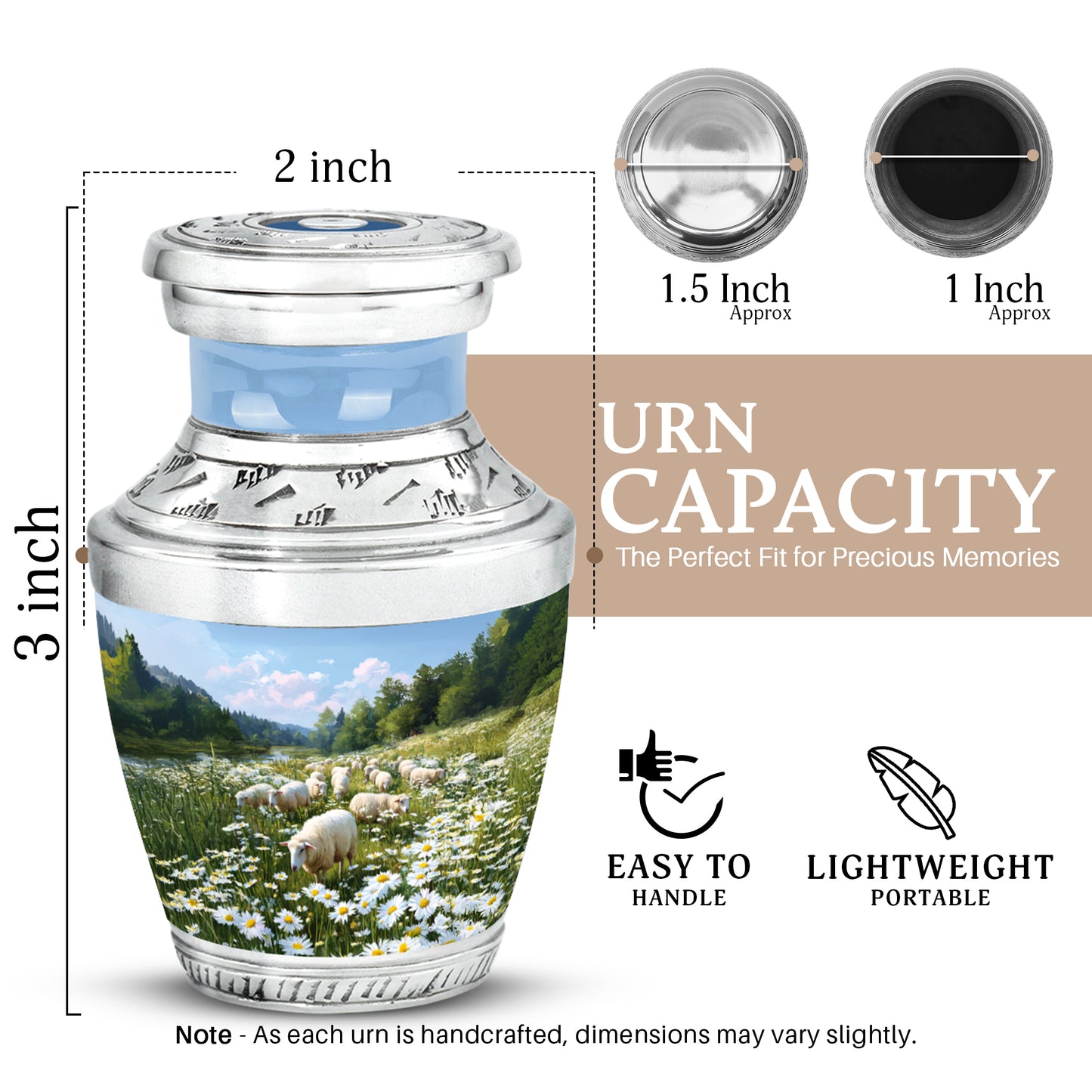 Sky Blue Daisy Cremation Urn top-down view of secure threaded lid - modern art-inspired daisy motif on sleek aluminum - mini keepsake memorial for portion of cremation ashes