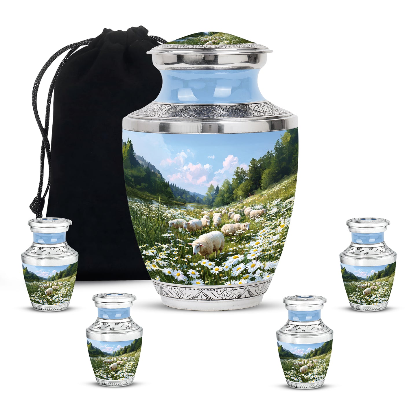 Pastel Blue Daisy Cremation Urn lifestyle display on memorial shelf - contemporary daisy design with modern artistic flair - memorial set with one large and four small urns