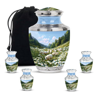Pastel Blue Daisy Cremation Urn lifestyle display on memorial shelf - contemporary daisy design with modern artistic flair - memorial set with one large and four small urns