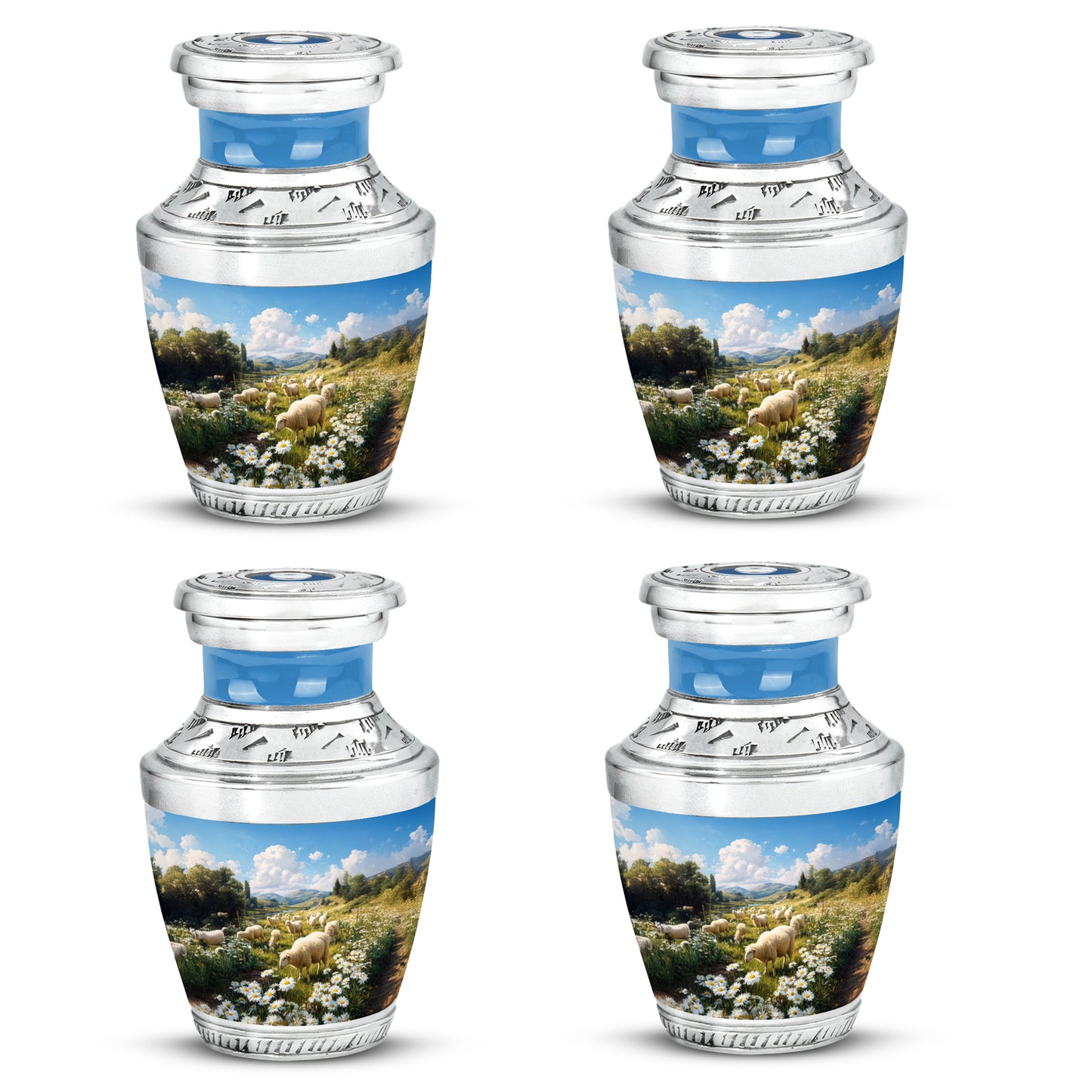 Bright Blue Daisy Cremation Urn back view with polished surface - stylized abstract daisy pattern with bold lines - 10 inch aluminum urn for cremated remains