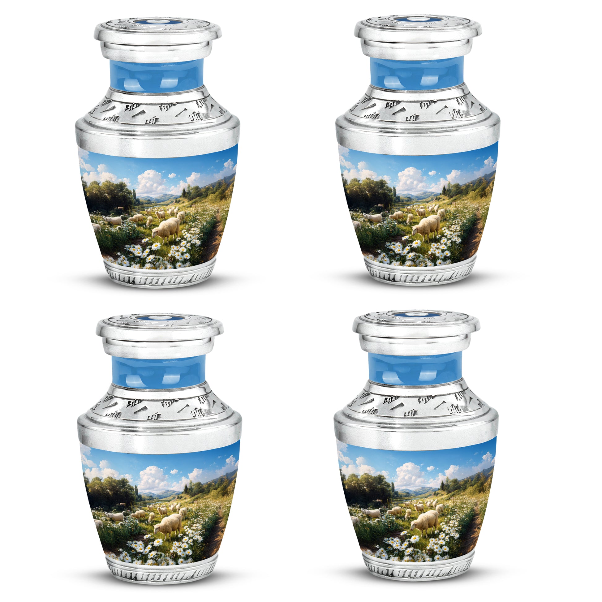 Bright Blue Daisy Cremation Urn back view with polished surface - stylized abstract daisy pattern with bold lines - 10 inch aluminum urn for cremated remains