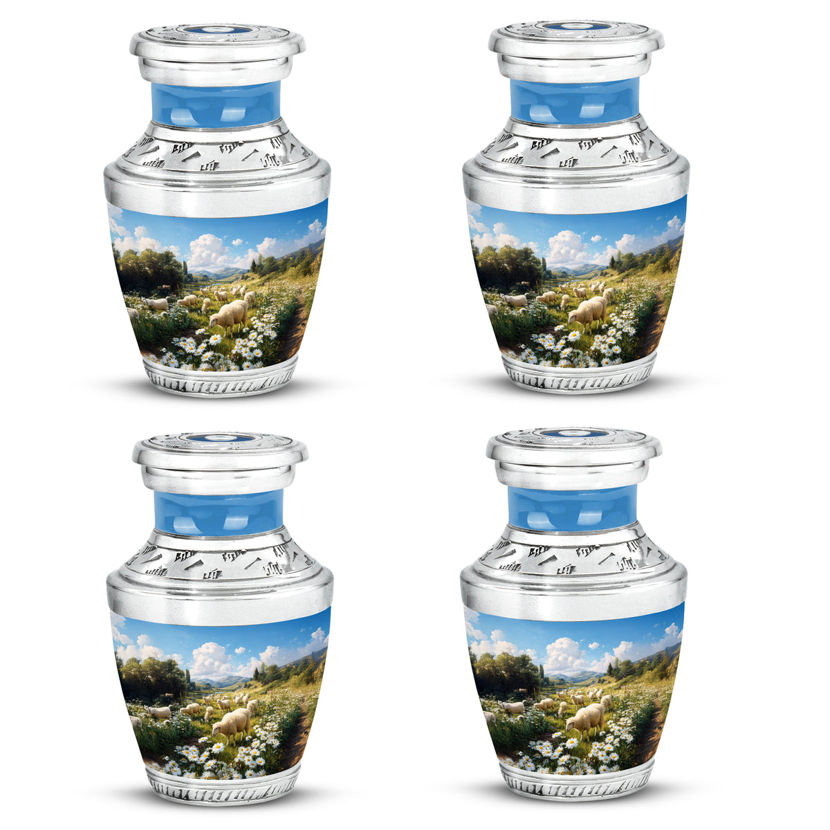 Bright Blue Daisy Cremation Urn back view with polished surface - stylized abstract daisy pattern with bold lines - 10 inch aluminum urn for cremated remains