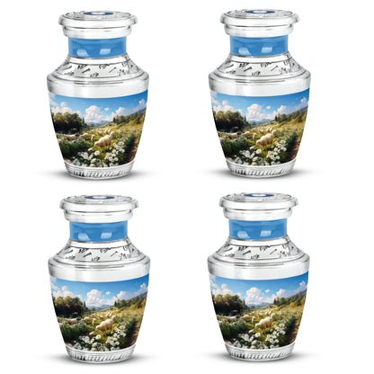Bright Blue Daisy Cremation Urn back view with polished surface - stylized abstract daisy pattern with bold lines - 10 inch aluminum urn for cremated remains